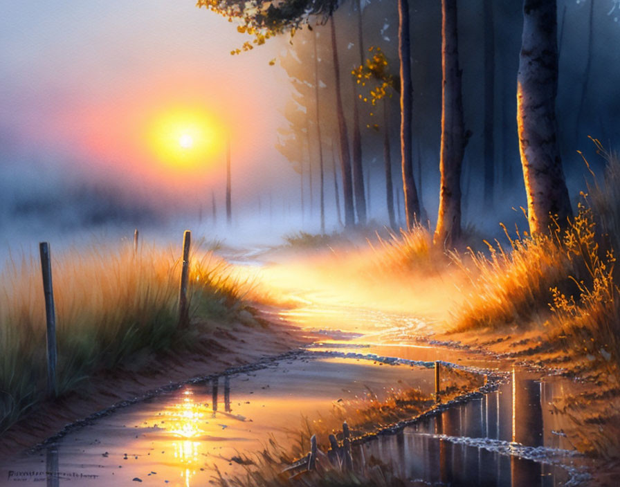 Misty forest path at sunrise with sunlight piercing through