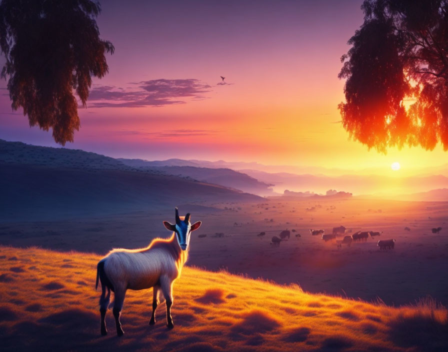 Goat under tree at sunrise with grazing cattle and bird in vibrant landscape