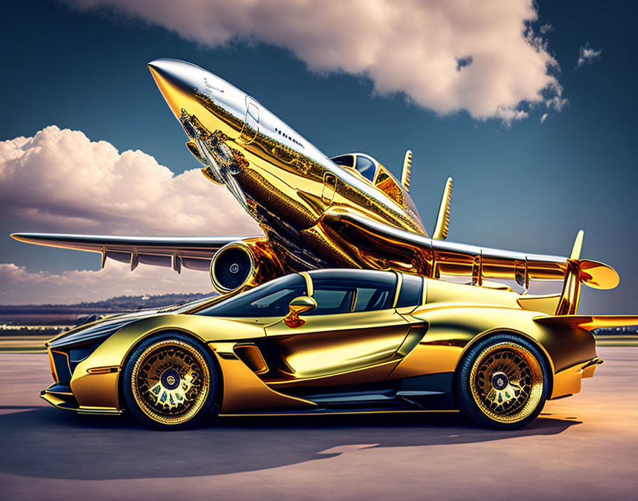 Luxury golden car and private jet under bright sunlight