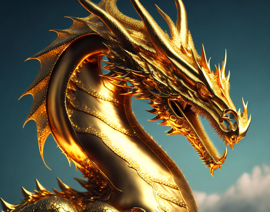 Golden dragon with intricate scales and horns against a blue sky