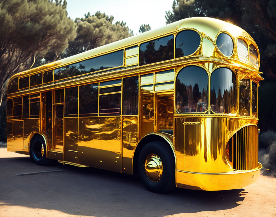 Vintage Double-Decker Bus with Golden Exterior Parked Under Sun