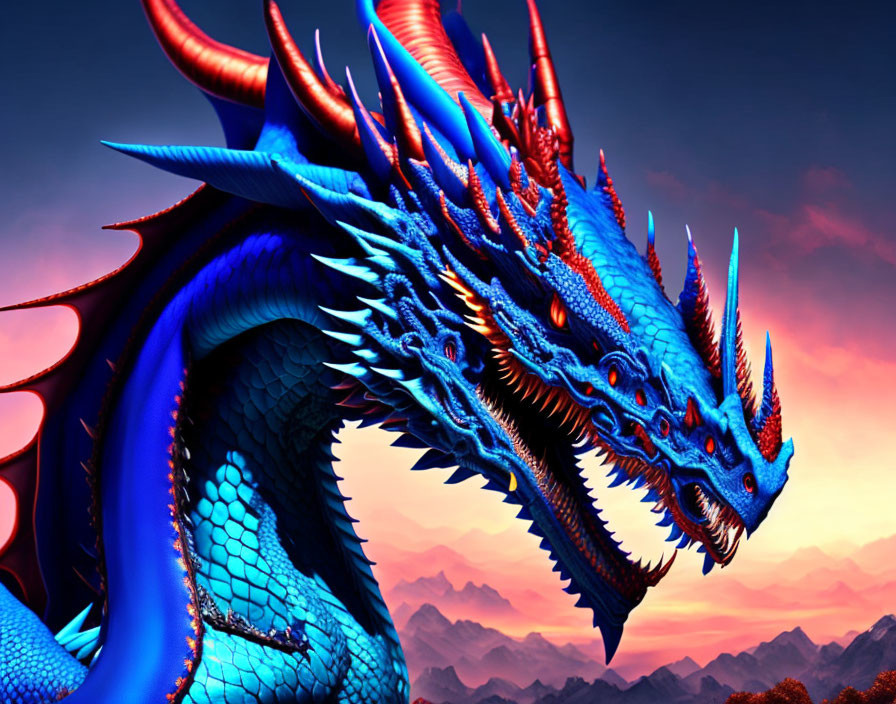 Colorful three-headed dragon in blue scales and red spines against fiery skies and mountains