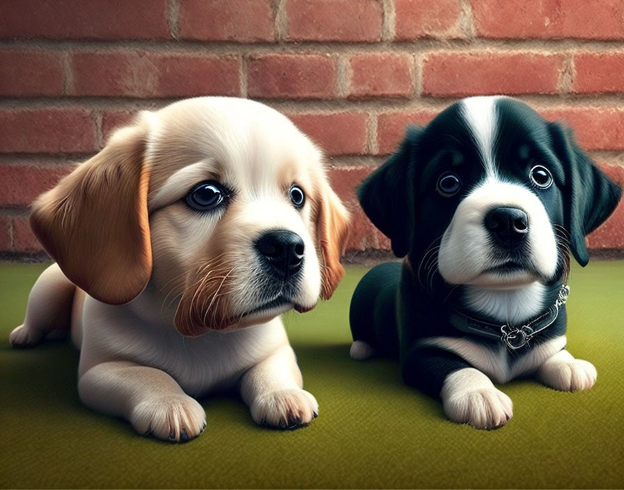 Two cute puppies with expressive eyes against brick wall - tan and black & white.