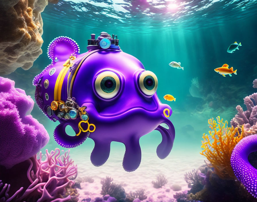 Colorful underwater scene with cartoon octopus and fish.