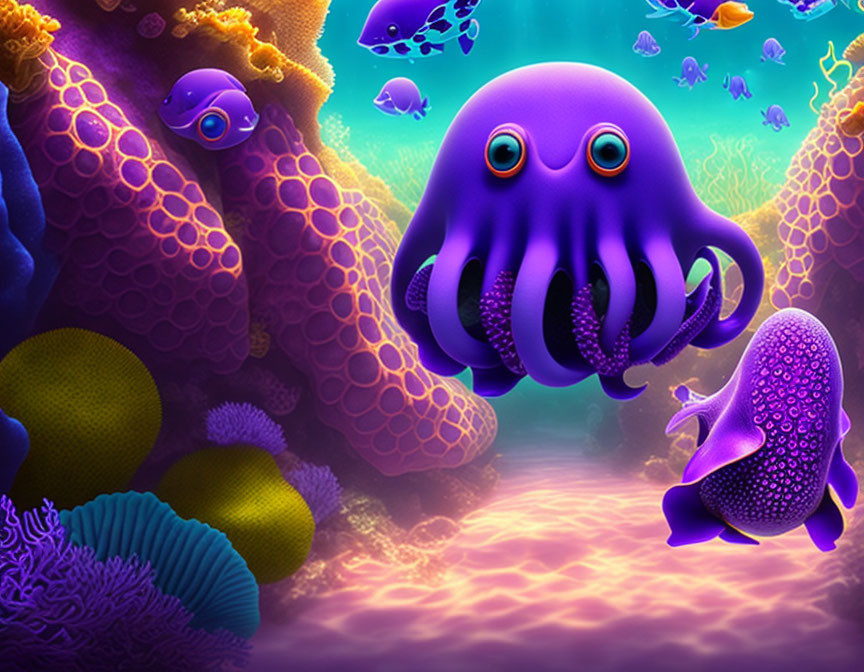 Colorful Underwater Scene with Purple Octopuses and Coral