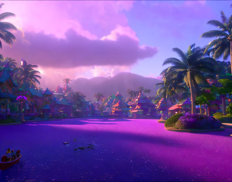 Colorful Animated Tropical Village at Dusk with Purple Reflections