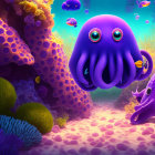 Colorful Underwater Scene with Purple Octopuses and Coral