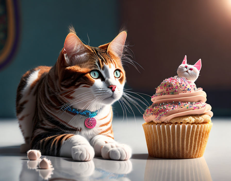 Striped Cat with Green Eyes Beside Cupcake and Pastry Crumbs