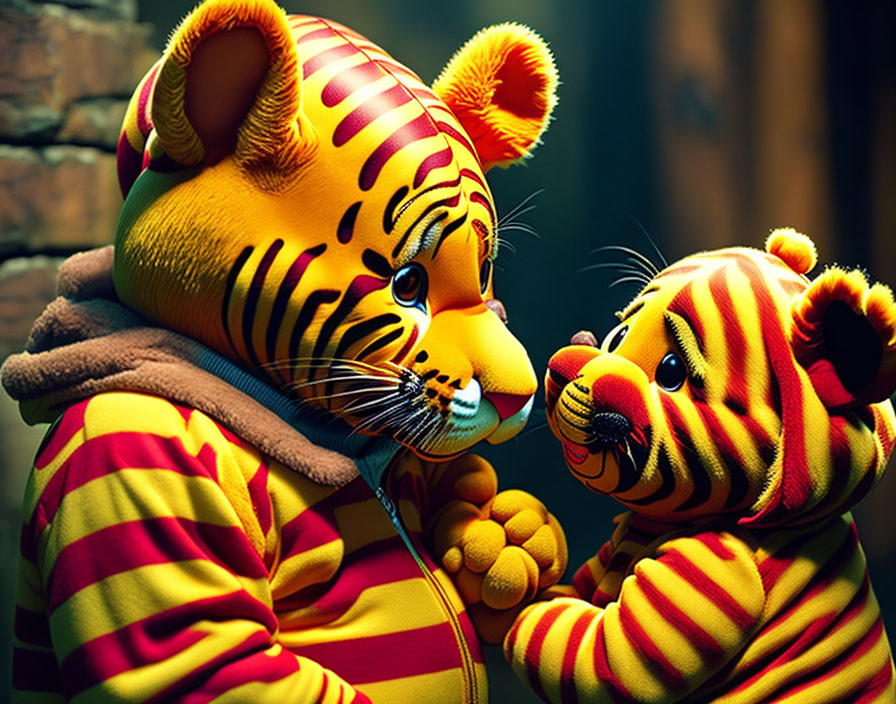 Two people in tiger masks and striped attire touching foreheads on brick backdrop