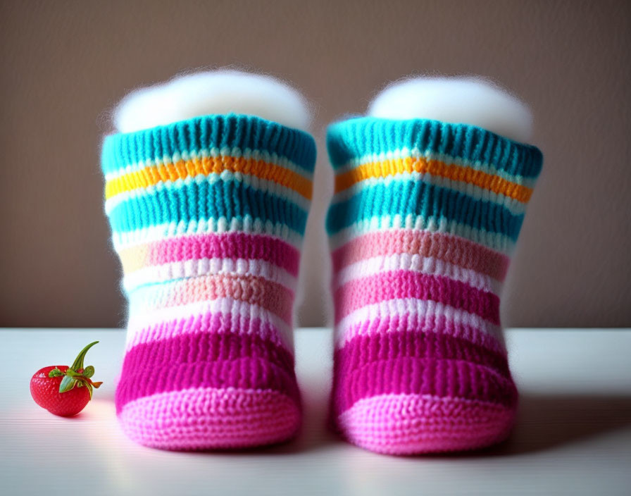 Colorful Striped Baby Booties with Small Strawberry on Table