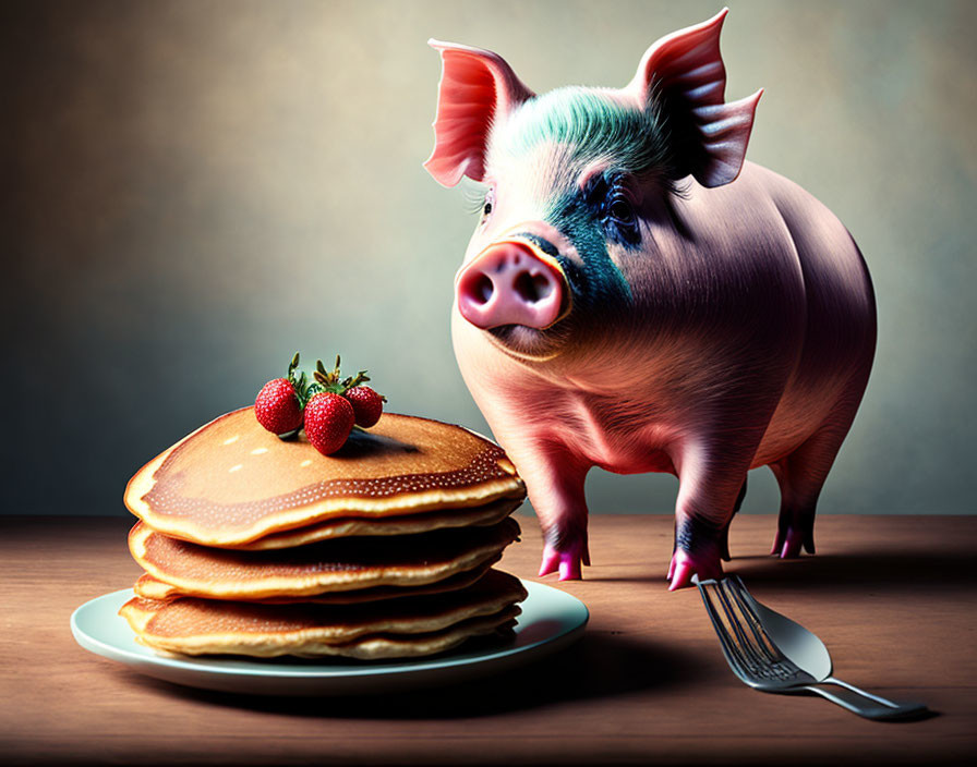 Pink and green gradient pig next to strawberry pancakes on plate with fork on table