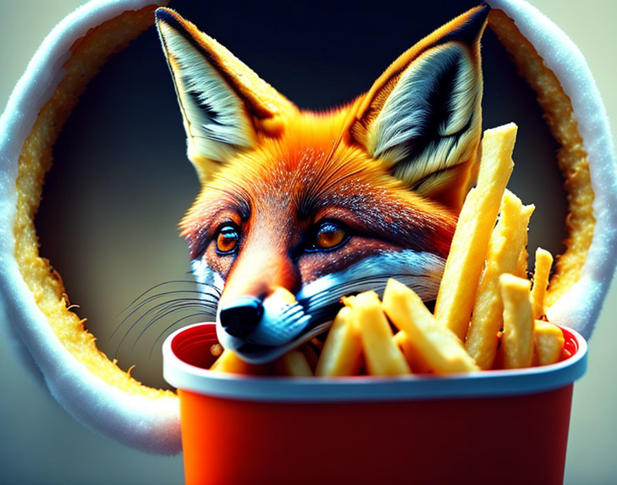 Fox head in fast-food cup with fries and onion ring