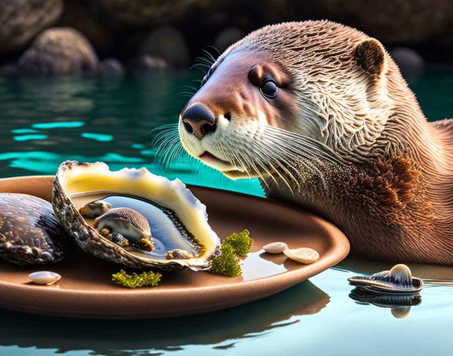 Detailed Otter and Oyster Illustration with Clear Water Backdrop