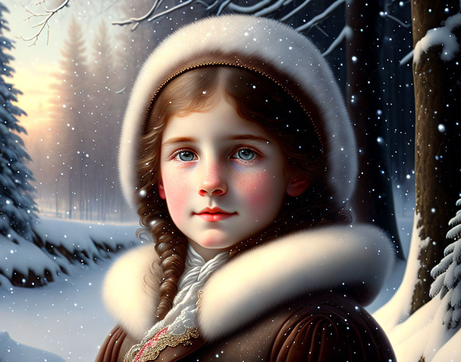 Young girl in winter attire amid snowy forest scene