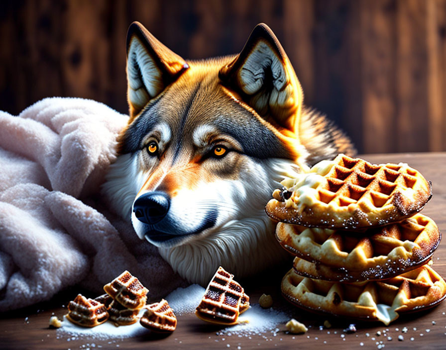 Photorealistic wolf with captivating eyes beside waffles in cozy setting