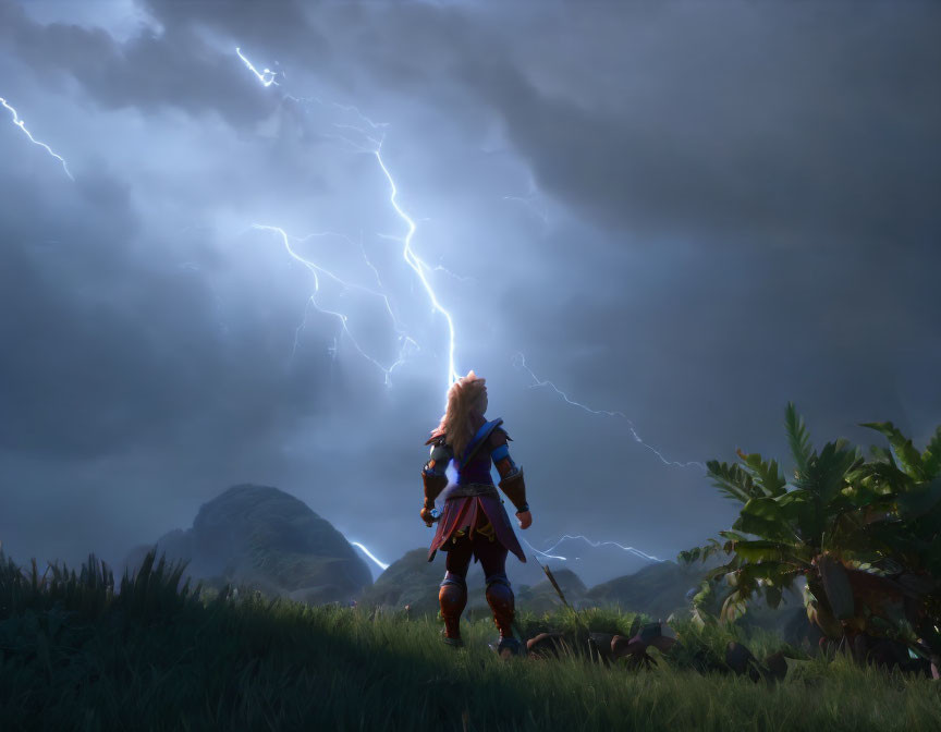 Warrior with bow on grassy hill under stormy sky with lightning.