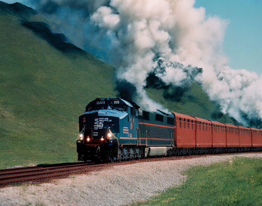 Blue locomotive pulling red passenger cars on tracks with green hills and smoke.