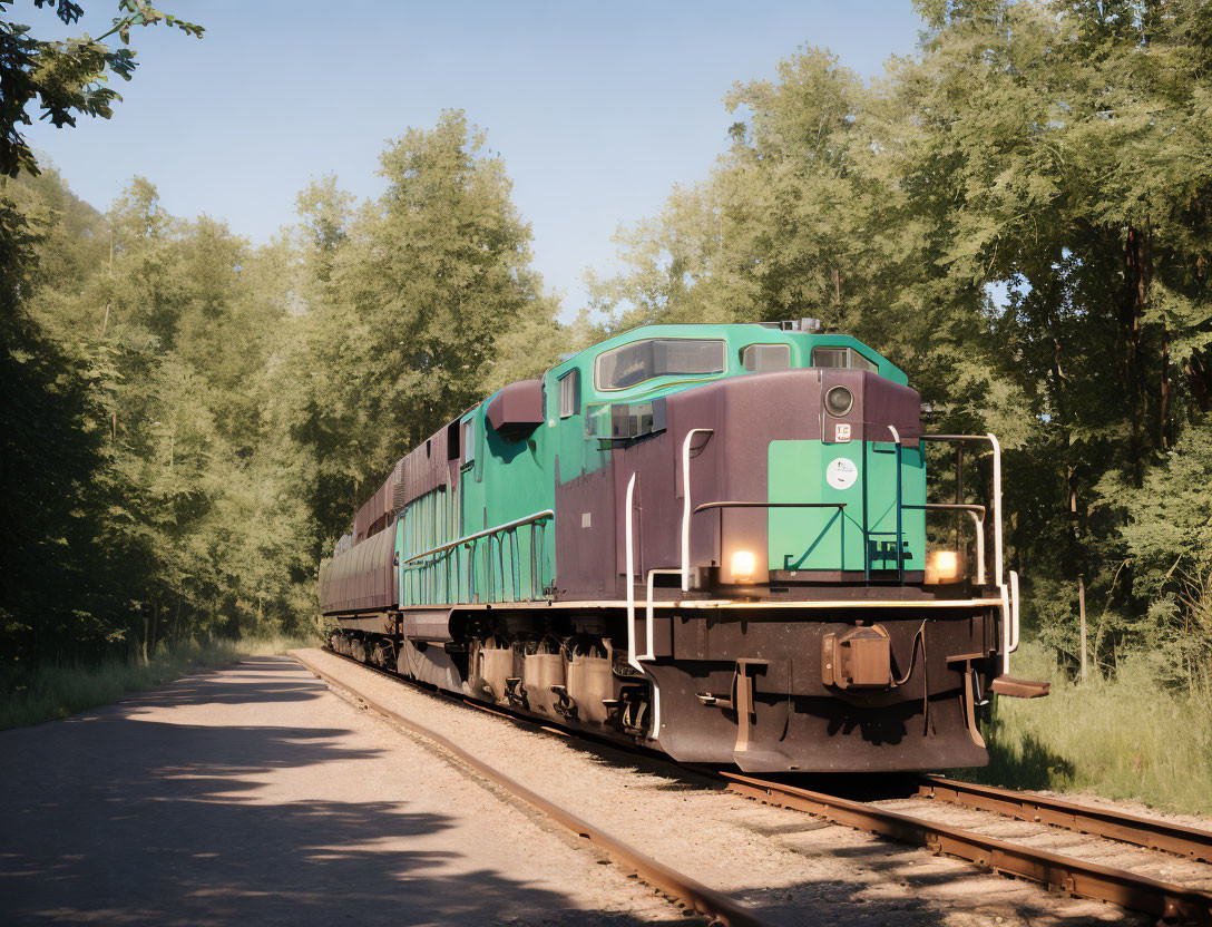 Green diesel locomotive on railroad surrounded by lush trees under clear sky