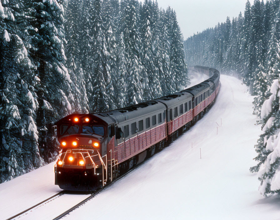 Snowy pine forest train journey in falling snow