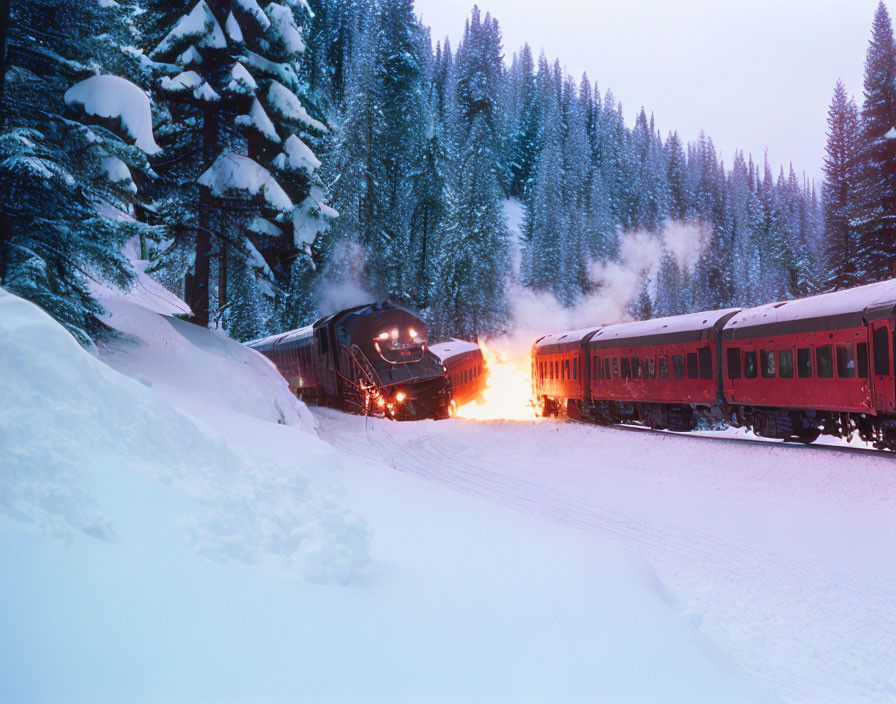 Snow-covered train with glowing headlight in wintry forest landscape