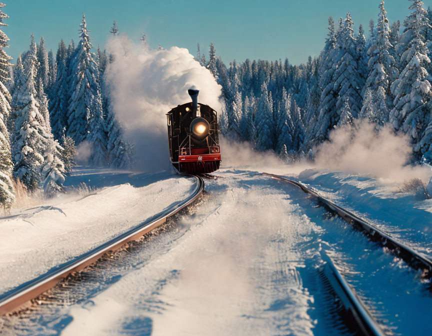 Vintage red steam locomotive in snowy forest landscape on sunny day