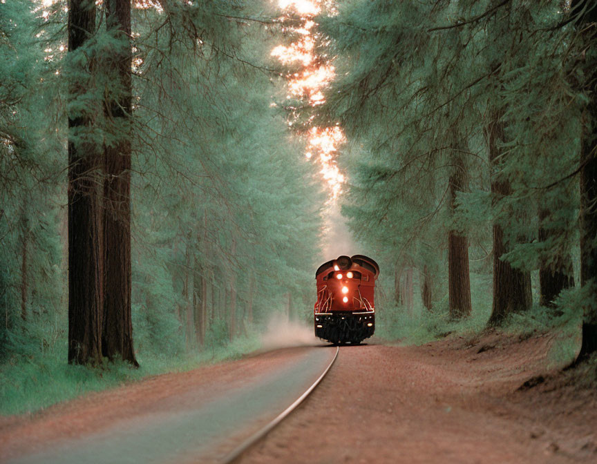 Train traveling on tracks through tall tree forest with sunlight filtering.