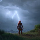 Warrior with bow on grassy hill under stormy sky with lightning.