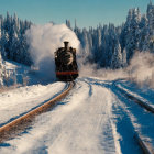 Vintage red steam locomotive in snowy forest landscape on sunny day