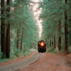 Train traveling on tracks through tall tree forest with sunlight filtering.