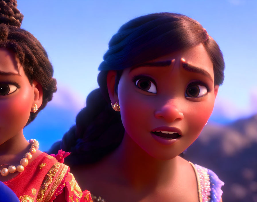 Two animated female characters in detailed attire, one with expressive eyes, against soft background