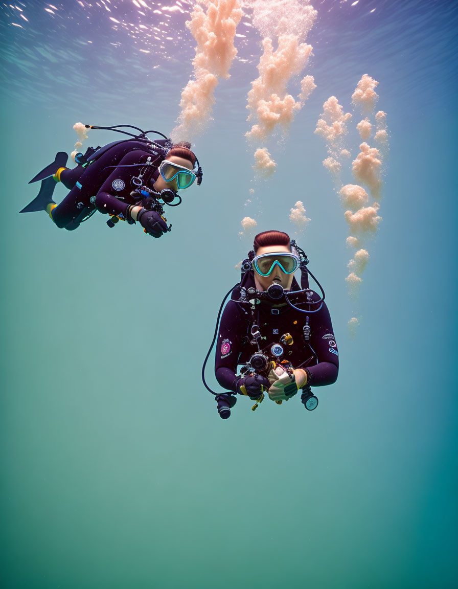 Underwater scene with two scuba divers and bubbles trail