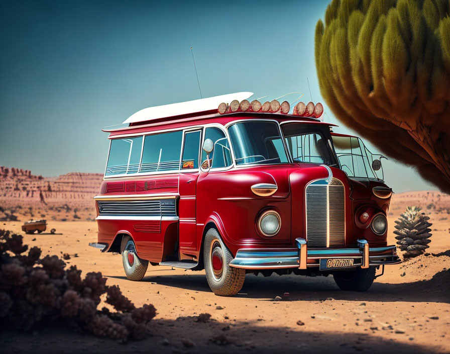 Vintage red bus in desert landscape with cacti and blue sky