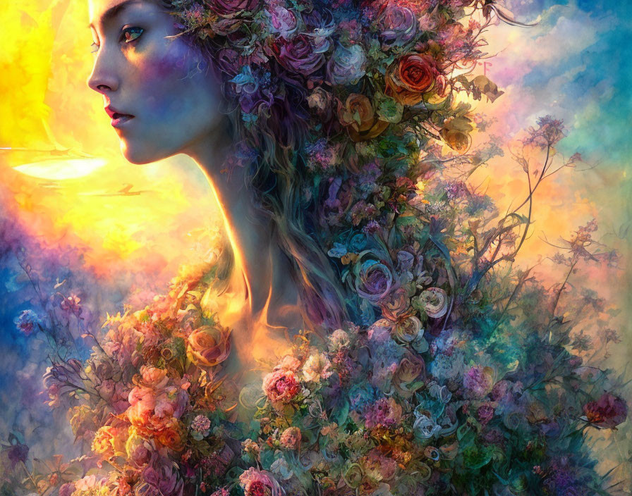 Woman's profile portrait with lush flowers in dreamlike setting