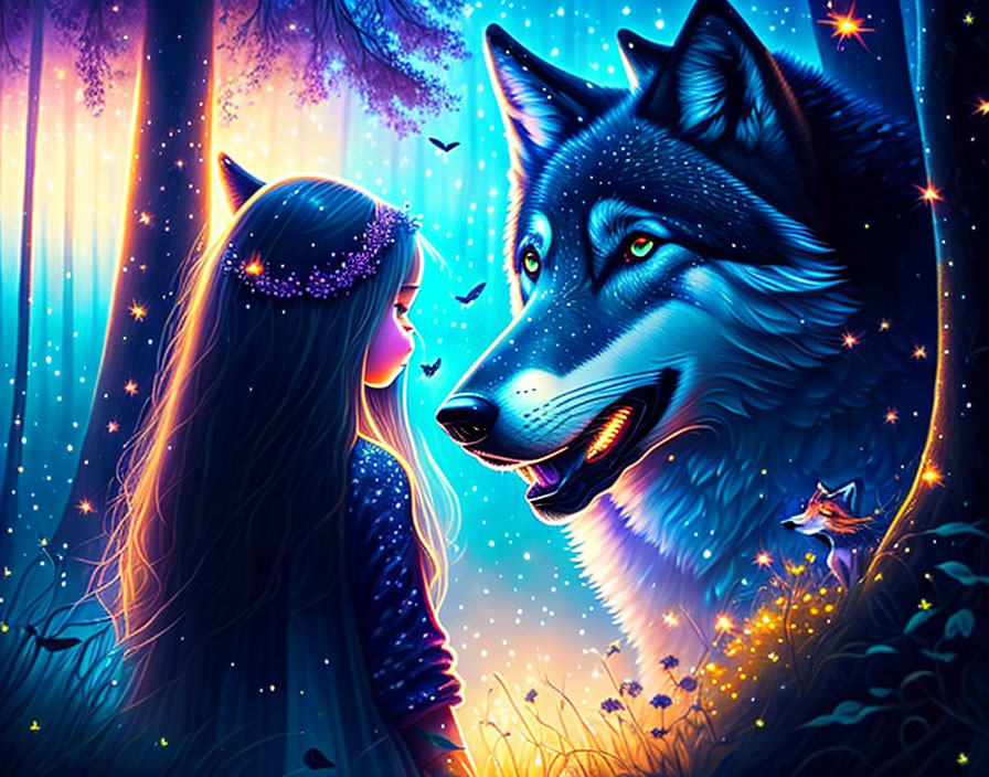 Girl with floral headband and friendly wolf in mystical forest with glowing blue light and butterflies.