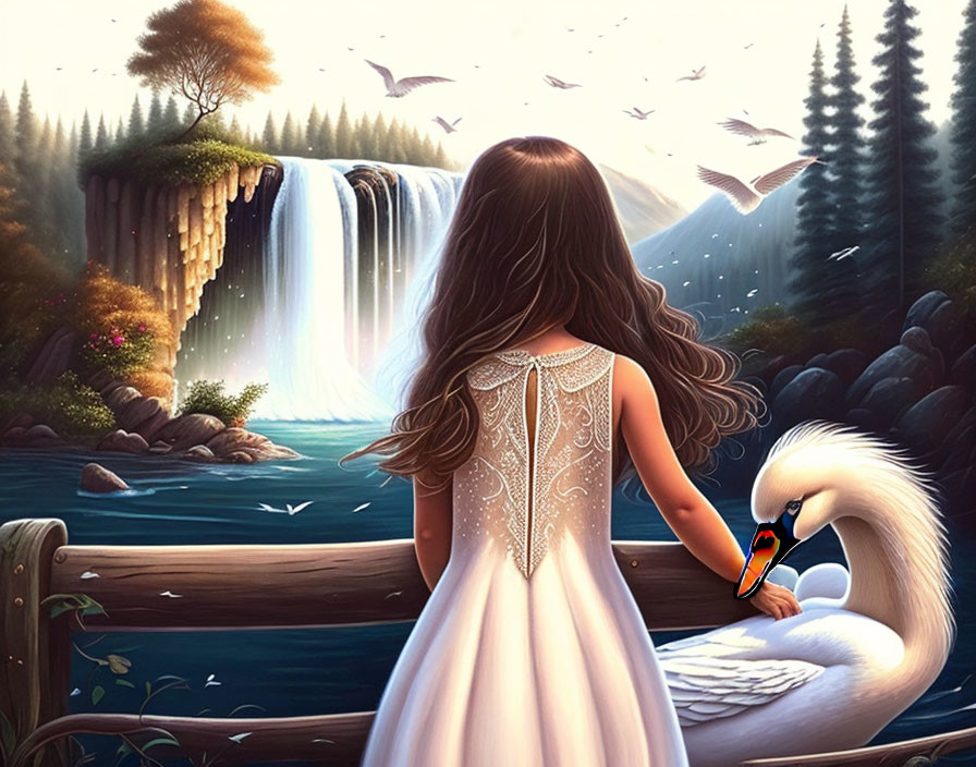 Young girl in white dress gazes at swan near forest waterfall