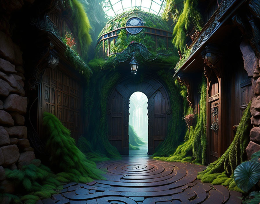 Enchanted forest hallway with moss-covered walls and mystical green light.