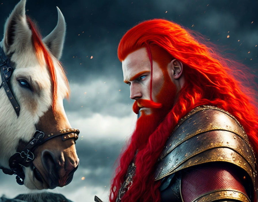 Red-Haired Warrior in Armor with White Horse in Stormy Sky