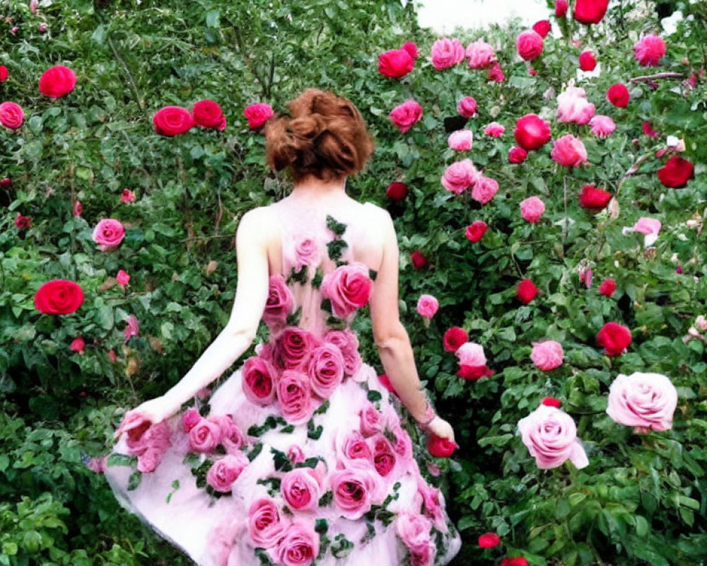 Woman in Floral Dress Blending with Rose Bush Background