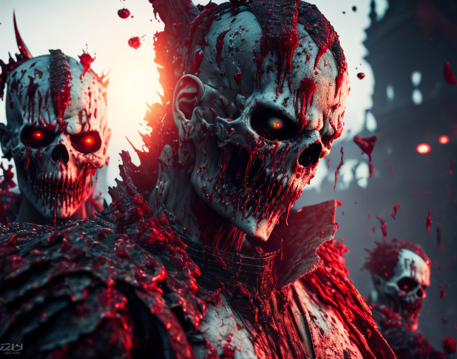 Close-up of zombie with glowing red eyes and rotting flesh in a gruesome scene.