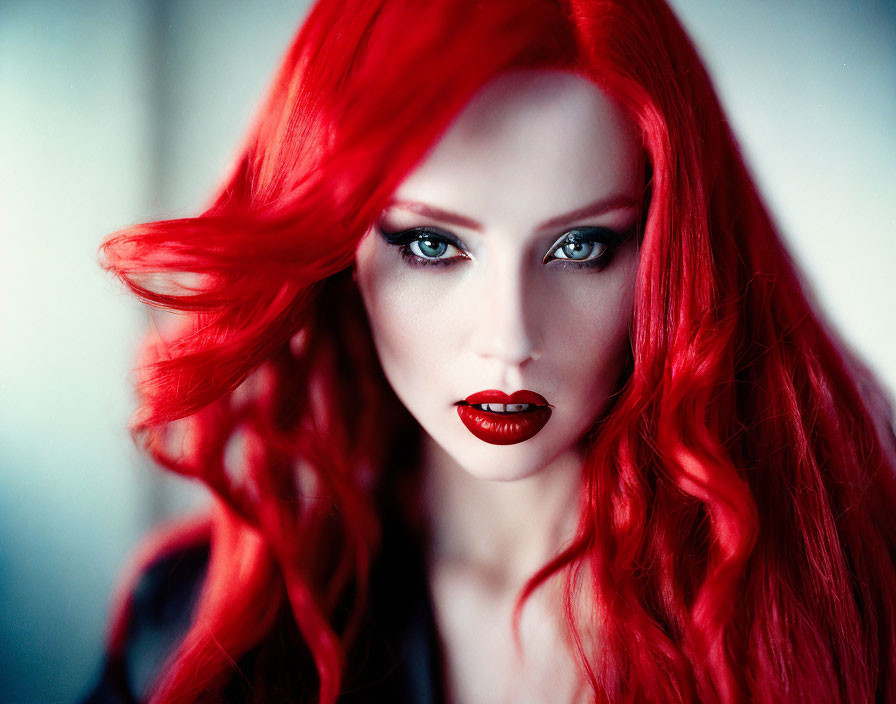 Red-haired woman with green eyes and red lipstick gazing at camera.