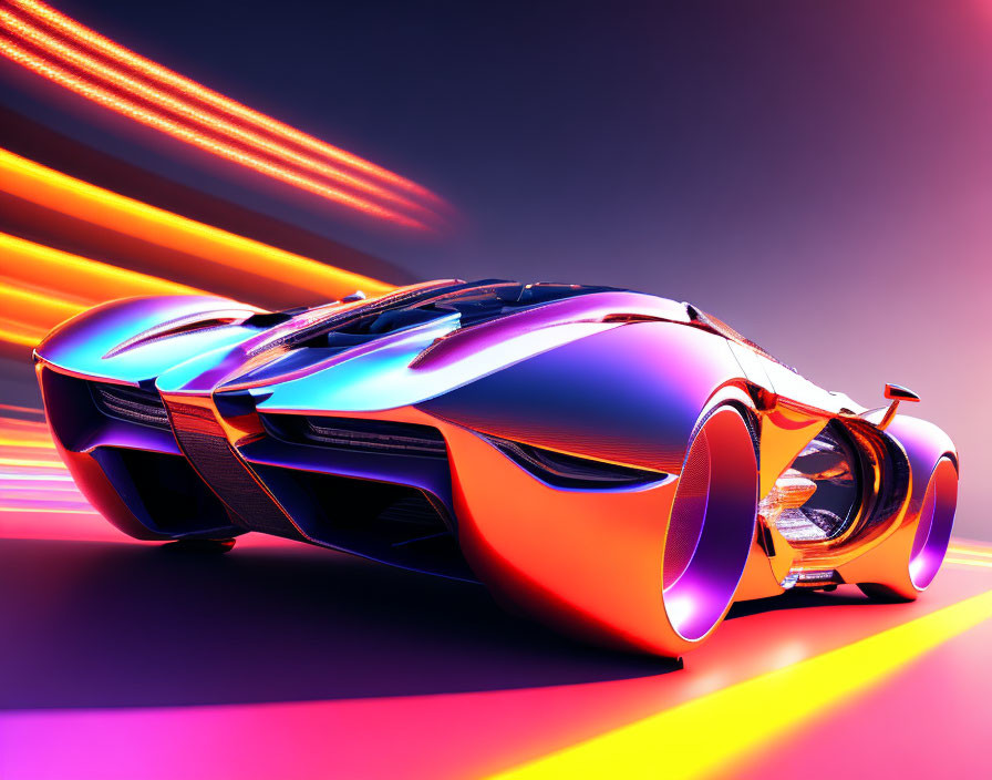 Futuristic car with orange and blue reflective surfaces on gradient backdrop