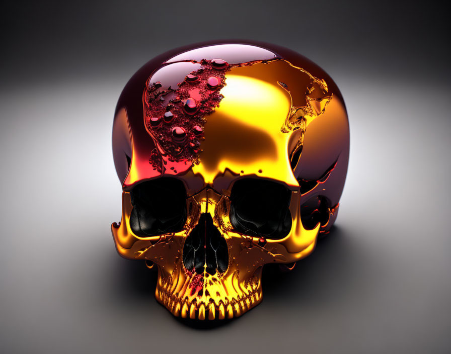 Golden metallic skull with red liquid-like patterns on gray backdrop