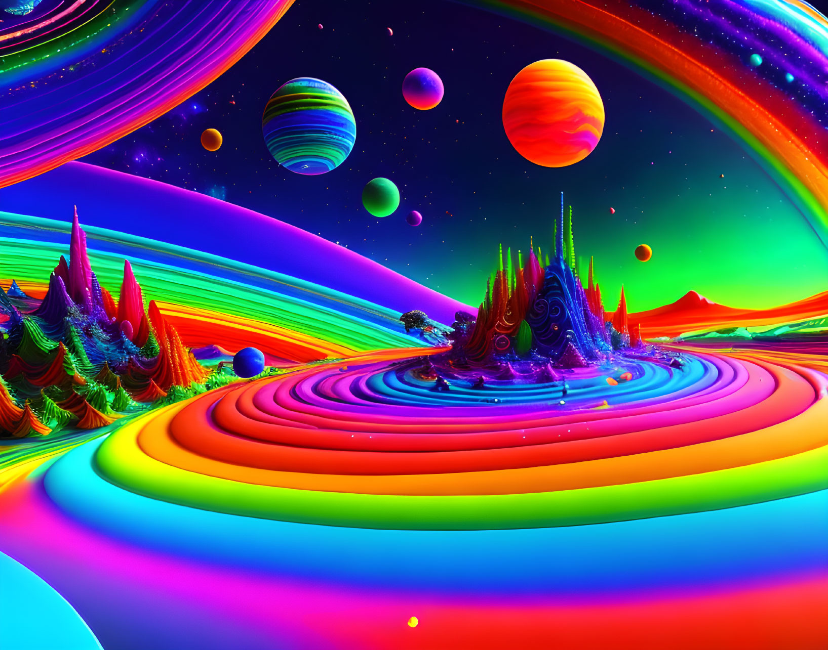 Colorful surreal landscape with swirling patterns and floating planets.