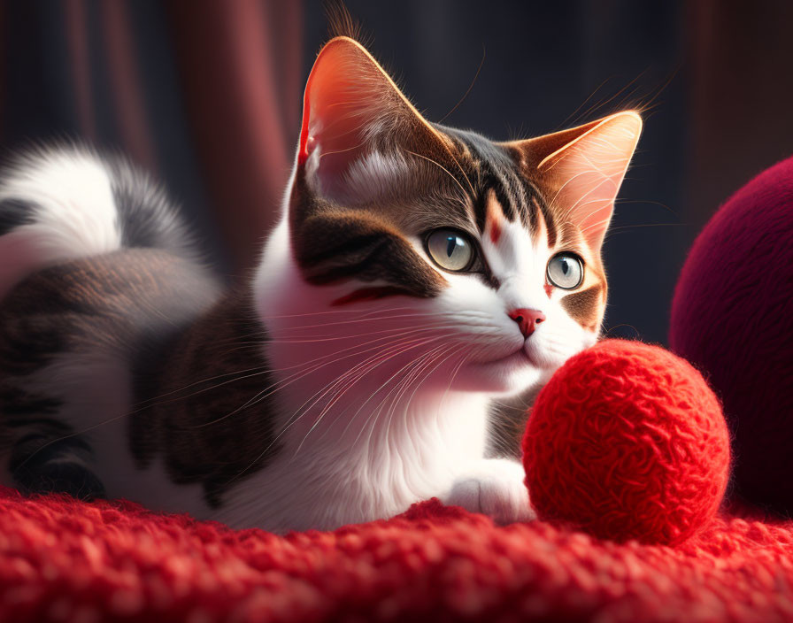 Brown and White Cat with Green Eyes Next to Red Yarn Ball