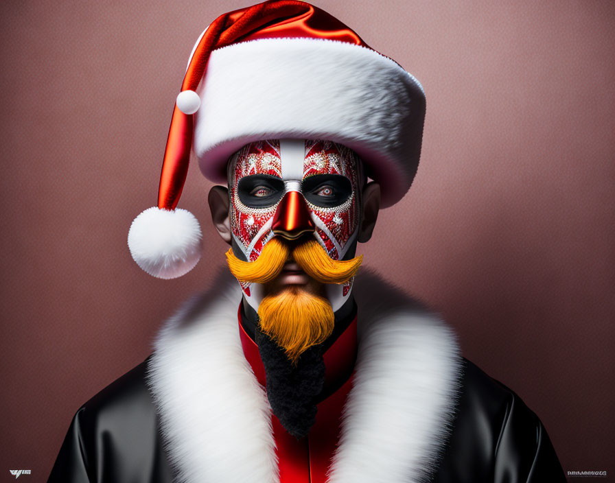 Person with red & white face paint, orange mustache, Santa hat, fur-trimmed jacket