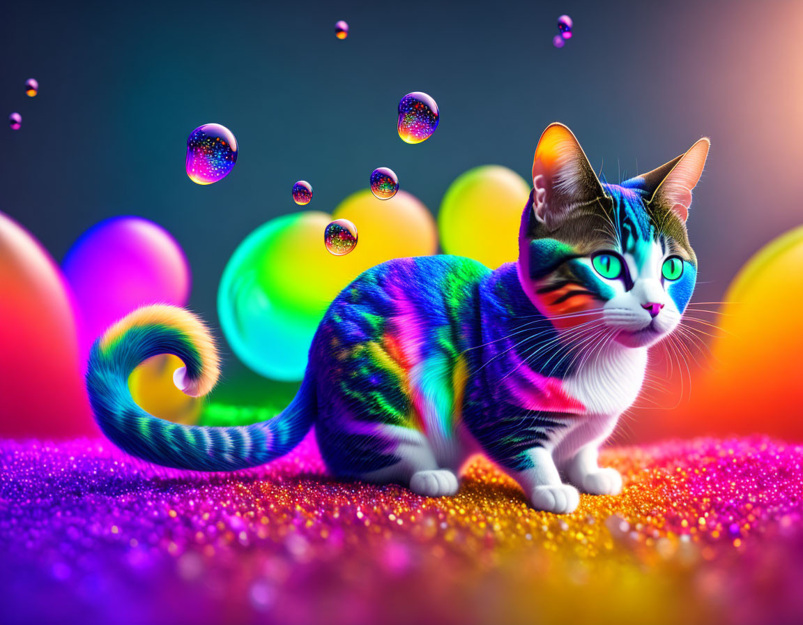 Vibrant rainbow-striped cat in colorful digital art