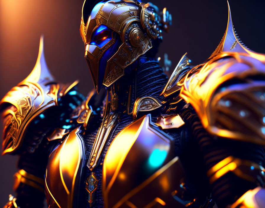 Detailed futuristic robotic knight with gold and black armor and glowing elements.