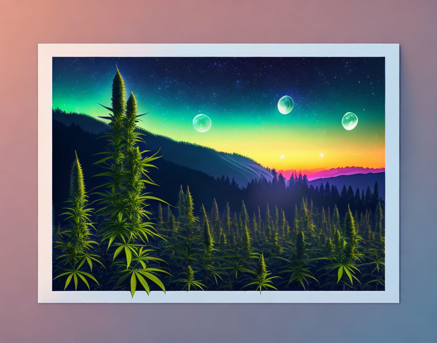 Surreal landscape with cannabis plants, starry sky, and floating bubbles in framed digital artwork