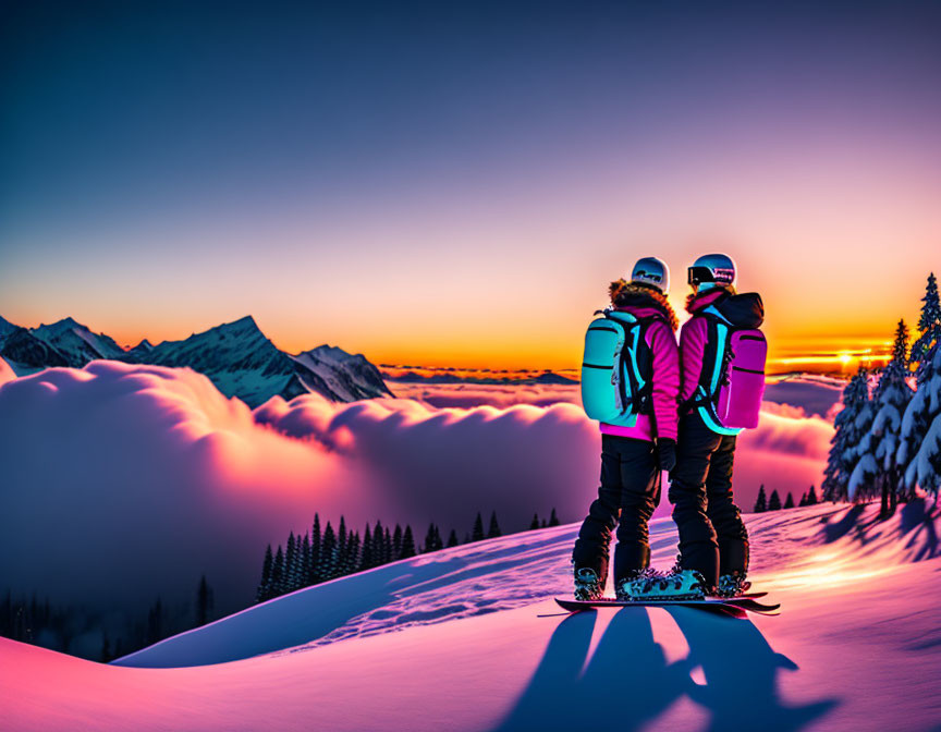 Snowboarders on snowy mountain at sunset with sea of clouds and distant peaks.