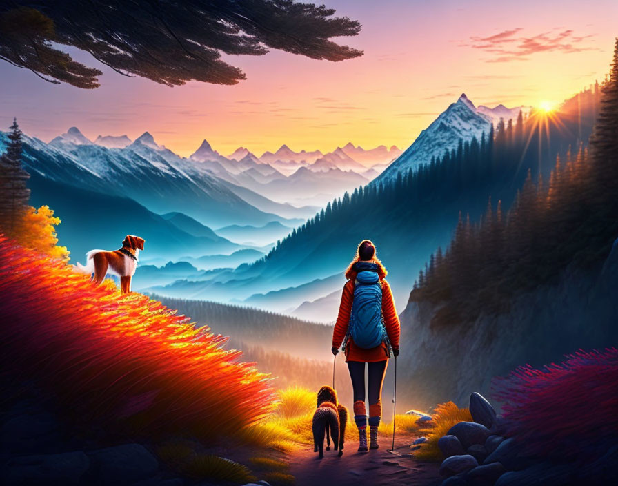 Hiker with Two Dogs on Mountain Trail at Sunrise